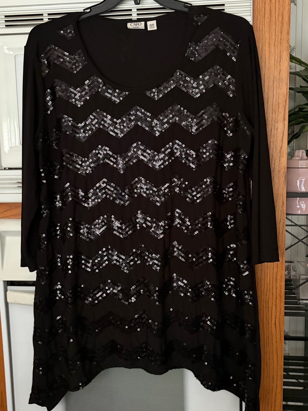 Cato Black Sequin Chevron Long Sleeve Scoop Neck Top